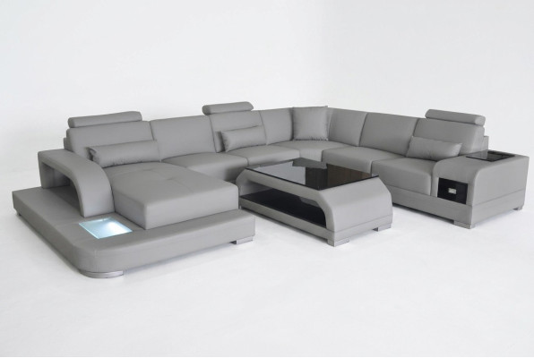 Eck Sofa mit USB Polster Couch Sitz Grau Leder Garnitur Moderne Wohnlandschaft