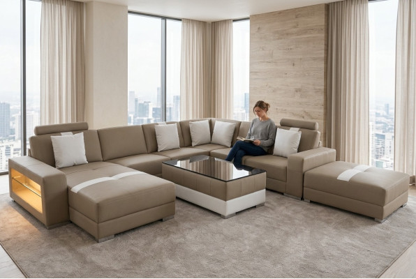 Ecksofa U förmige Couch Sitzpolster Ecke Leder Moderne Designer Couchen + USB