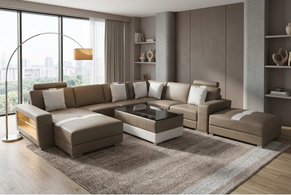 Ecksofa U förmige Couch Sitzpolster Ecke Leder Moderne Designer Couchen + USB