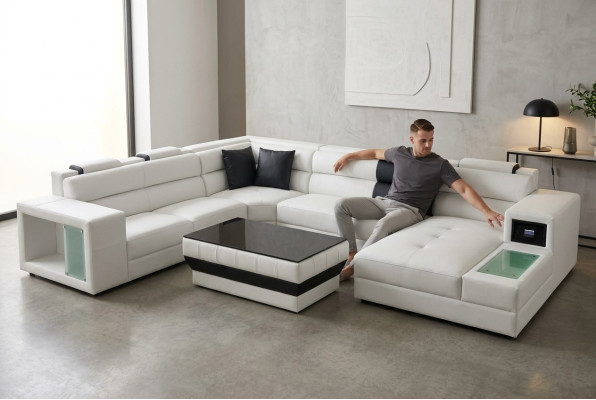 Ecksofa mit Beleuchtung & USB Anschluss Moder Leder Wohnlandschaft Sofa Polster