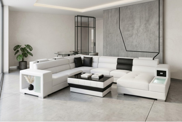 Ecksofa mit Beleuchtung & USB Anschluss Moder Leder Wohnlandschaft Sofa Polster