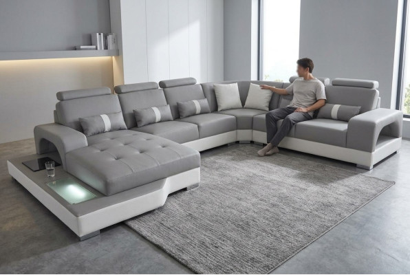 Leder Eck Sofa Wohnlandschaft Garnitur Design Modern Couch Sofas mit USB LED Neu