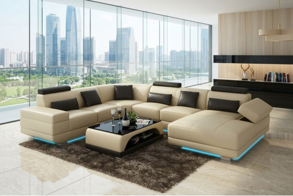 Ledersofa Couch Wohnlandschaft Ecksofa Eck Garnitur Design Modern Sofa Beige USB