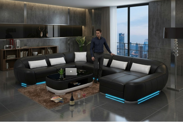Design Leder Eck Sofa Moderne Garnitur Couch Ecke Neu Wohnlandschaft Grau USB