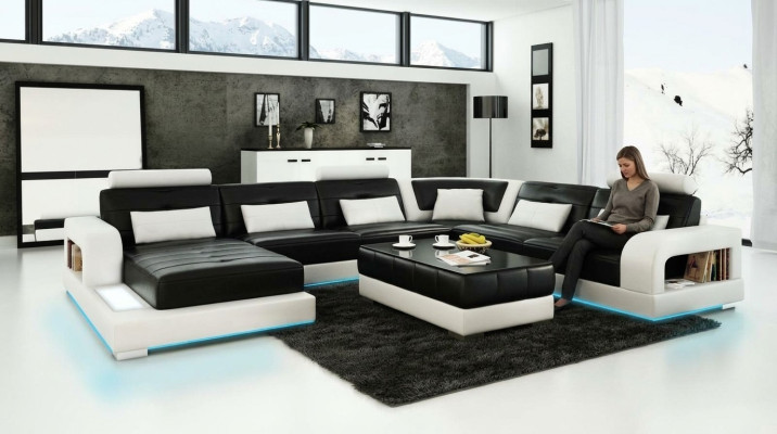 Sofa Ecksofa Design Wohnlandschaft mit Regal Polster Sitz Garnitur Ledersofa USB