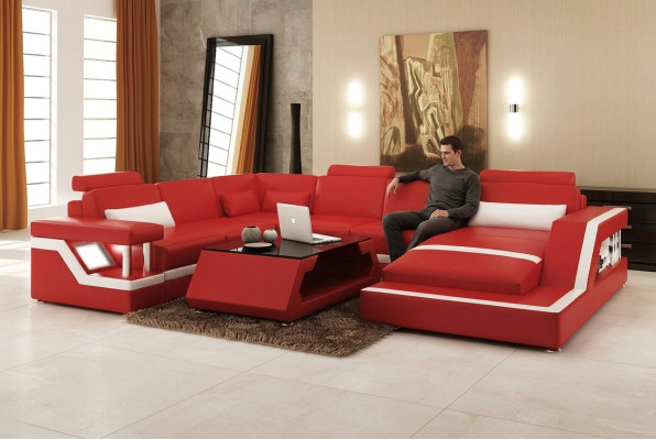 Design Leder Wohnlandschaft Eck Sofa Moderne Garnitur Couch Ecke Rot USB + LED