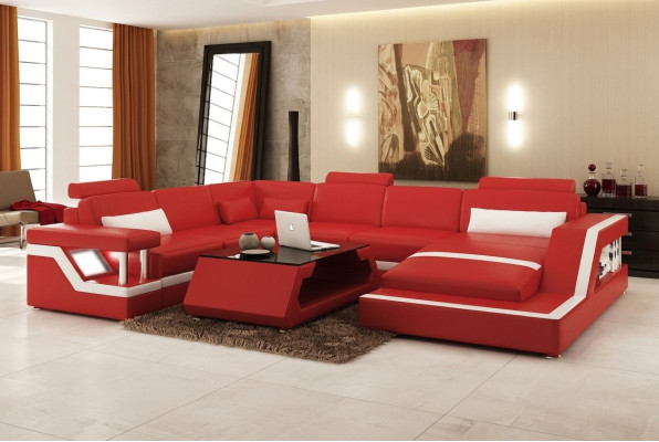 Design Leder Wohnlandschaft Eck Sofa Moderne Garnitur Couch Ecke Rot USB + LED