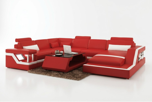 Design Leder Wohnlandschaft Eck Sofa Moderne Garnitur Couch Ecke Rot USB + LED