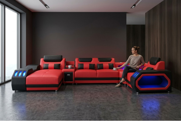 Ledersofa Couch Wohnlandschaft Garnitur Design Modern Sofa U-Form Sofa mit USB
