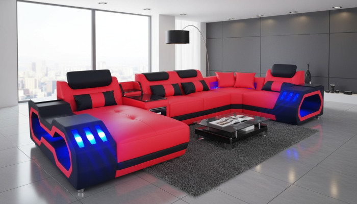Ledersofa Couch Wohnlandschaft Garnitur Design Modern Sofa U-Form Sofa mit USB