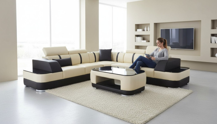 Eck Sofa + USB Leder Polster Ecke Garnitur Couchen L Form+Tisch Wohnlandschaft