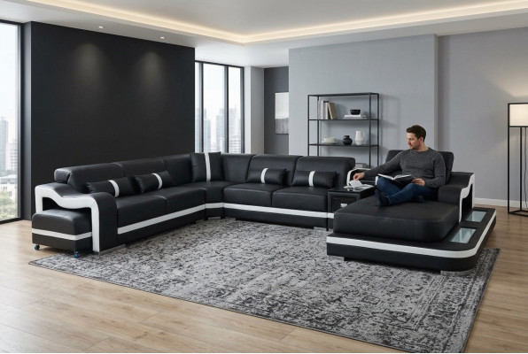 Leder Couch Polster Sitz Design Eck Garnitur Sofa Wohnlandschaft + Licht + USB