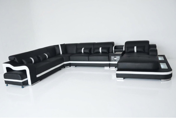 Leder Couch Polster Sitz Design Eck Garnitur Sofa Wohnlandschaft + Licht + USB