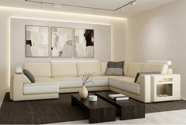 Designersofa mit USB Ecksofa Couch Ledersofa Polster Sitz Eck Garnitur +Licht
