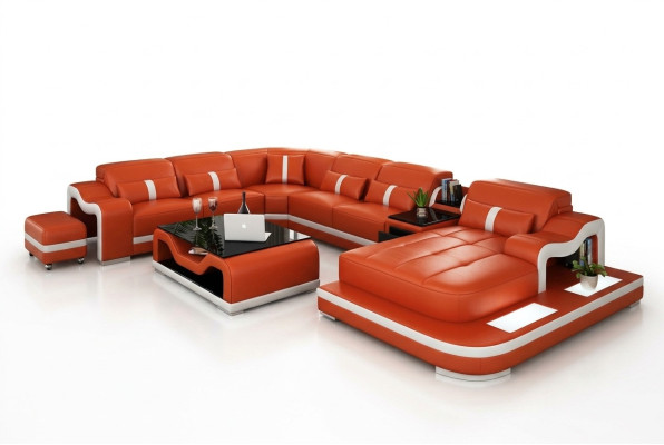 Ledersofa mit USB Couch Wohnlandschaft Ecksofa Eck Garnitur Design Modern Sofa