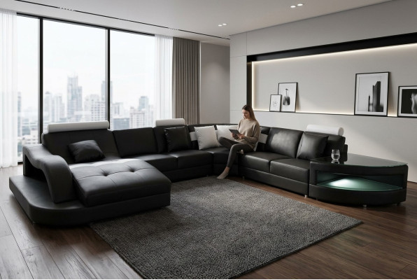 Leder Sofas Wohnlandschaft Eck Garnitur Design Modern Sofa mit USB L6015 Tisch
