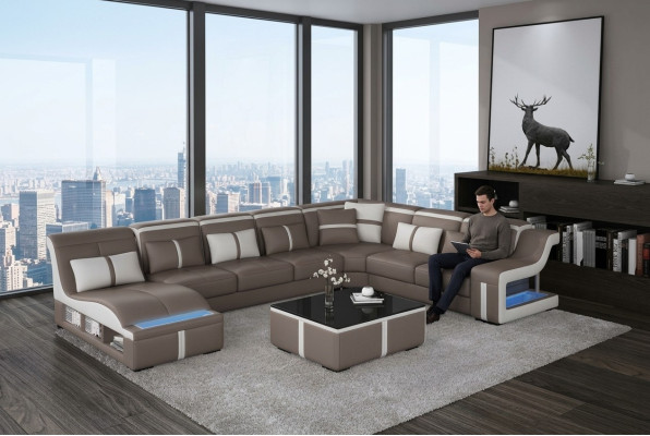 Luxus Sofa Eckcouch Design Wohnlandschaft Sofas Couch Eckgarnitur + Licht + USB