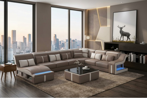 Luxus Sofa Eckcouch Design Wohnlandschaft Sofas Couch Eckgarnitur + Licht + USB