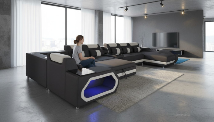 Luxus Sofa Eckcouch Moderne Wohnlandschaft Sofas Couch Eckgarnitur + Licht + USB