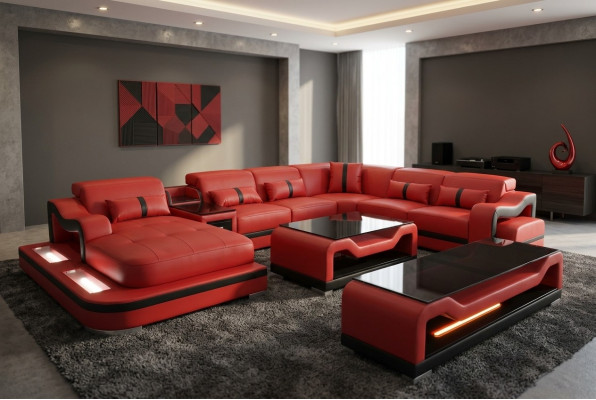 Leder Sofa Couch Ecksofa Eckgarnitur Wohnlandschaft + RTV + Couchtisch + USB