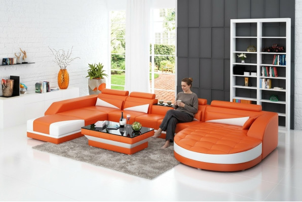 Ledersofa Couch Wohnlandschaft Ecksofa Garnitur Design Modern Sofa USB Orange