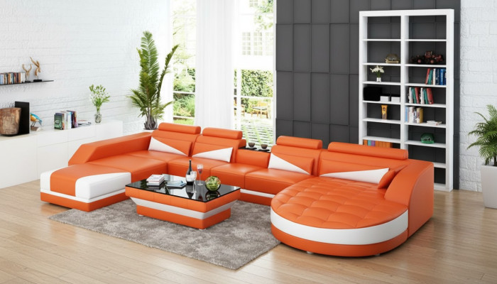 Ledersofa Couch Wohnlandschaft Ecksofa Garnitur Design Modern Sofa USB Orange