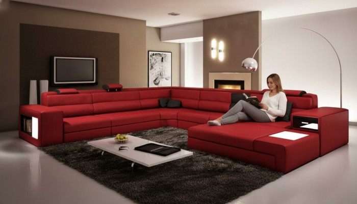 Ecksofa Sofa Couch Polster Garnitur Design Leder Textil Wohnlandschaft Landau R