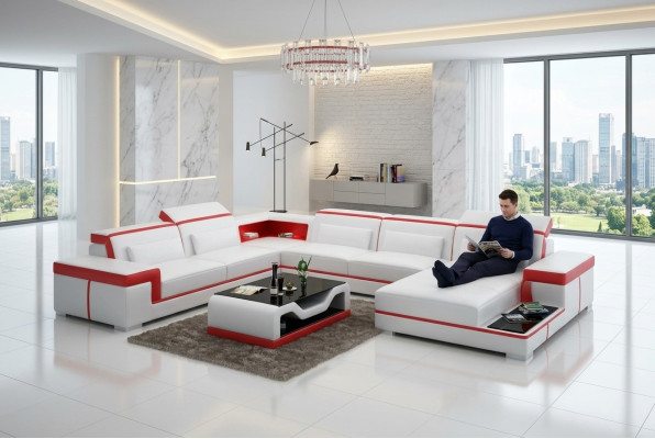 Moderne Sitzecke Ledersofa Polster Eckgarnitur Ecksofa Couch Wohnlandschaft +USB