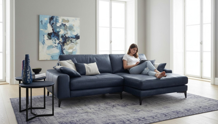 Ecksofa Sofa Wohnzimmer Sofas Leder Luxus L-Form Stil Modern Möbel Blau Neu