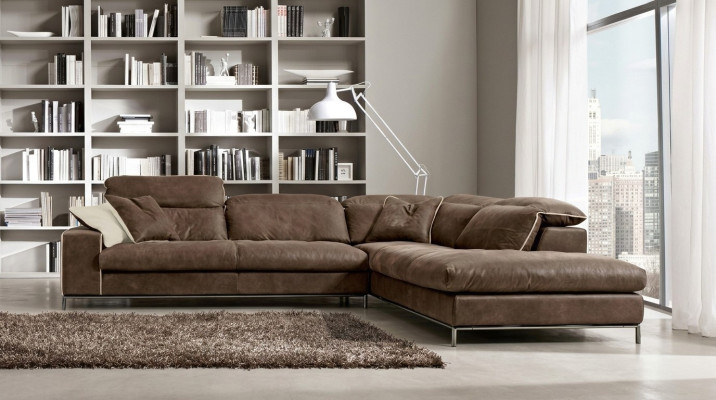 Design Ecksofa Prianera Moderne Luxus Ecke Leder Holz Sofa L-Form Braun