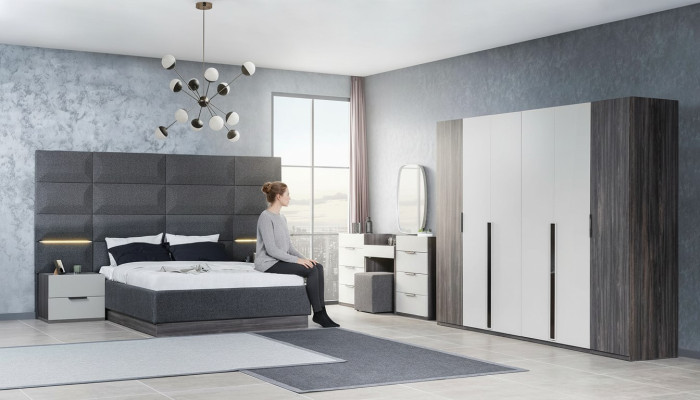 Schlafzimmer Bett Nachttisch Kleiderschrank Kommode mit Spiegel Möbel Set 5tlg