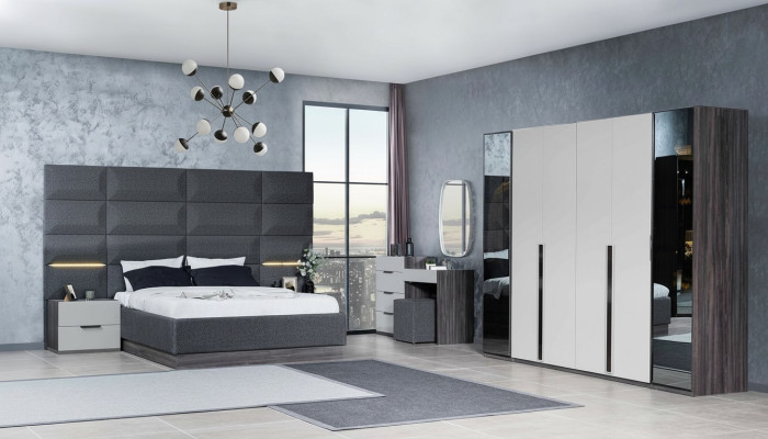Schlafzimmer Bett Nachttisch Kleiderschrank Kommode mit Spiegel Möbel Holz Luxus