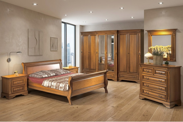 Landhaus Stil Bett 3tlg. mit 2 Nachttischen Holz Möbel Betten Set Braun
