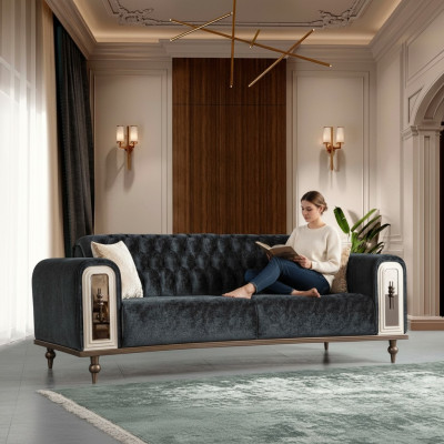 Luxus Dreisitzer Sofa 3 Sitzer Stoff Sofas Design Beige Textil Schwarz