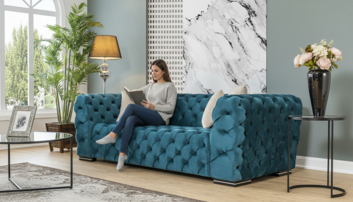 Chesterfield Sofa 4 Sitz Design Wohnzimmer Polster Holz Polster Luxus Blau