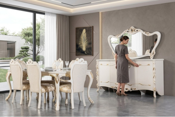Esszimmer Set 9tlg. Luxus Garnitur Tisch 6x Stühle Anrichte Spiegel Neu Möbel
