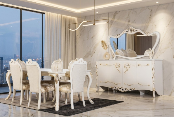 Esszimmer Set 9tlg. Luxus Garnitur Tisch 6x Stühle Anrichte Spiegel Neu Möbel