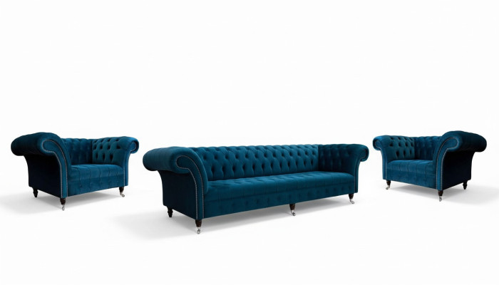 Blaue Chesterfield Sofagarnitur Couch Polster Set Sitzgarnitur 3+1+1