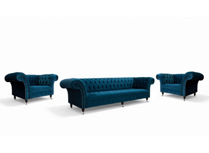 Blaue Chesterfield Sofagarnitur Couch Polster Set Sitzgarnitur 3+1+1
