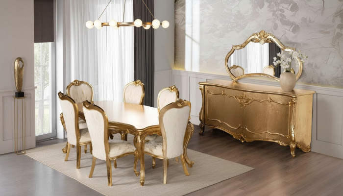 Esszimmer Garnitur Set Tisch 6x Stühle Anrichte Spiegel Essgruppe 9tlg