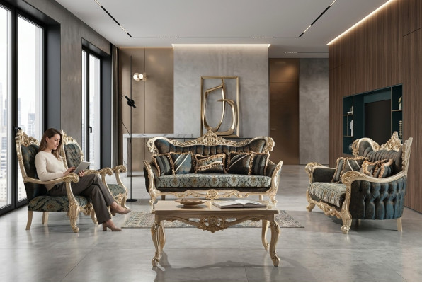 Sofagarnitur Sofa Couch Barock Rokoko Set Couchtisch Turkis 5tlg. Gold