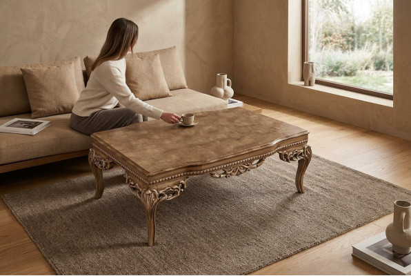 Für Wohnzimmer Art Deco Couchtisch aus Holz helle Farbe geschnitzte Beine Neu