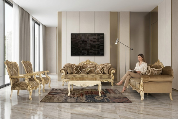 Exklusive Sofagarnitur in beiger Farbe im Barock-Rokoko-Stil 3 + 3 + 1 + 1 + Couchtisch