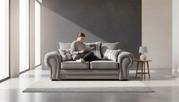 Graue Chesterfield Couch Polster Möbel Stoff Couchen Sofas Design Textil