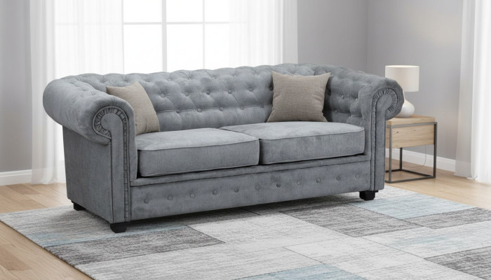 Graue Chesterfield Couch Polster Möbel Zweisitzer Couchen Sofas Stoff Textil