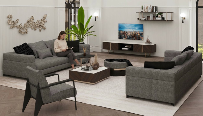 Graue Couchgarnitur Dreisitzer Zweisitzer Sessel Wohnzimmergarnitur Neu