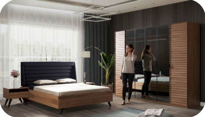 Großes Schlafzimmer-Set Schlafzimmermöbel Kleiderschrank Bett Nachttische