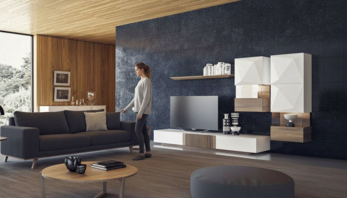 Luxus Walnuss natur Moderne Weiße Wohnwand TV-Ständer Sideboard Wandregale