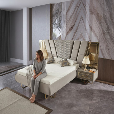Luxus Bett Hotel Betten mit 2x Nachttisch Gold Glänzende Möbel Schlafzimmer