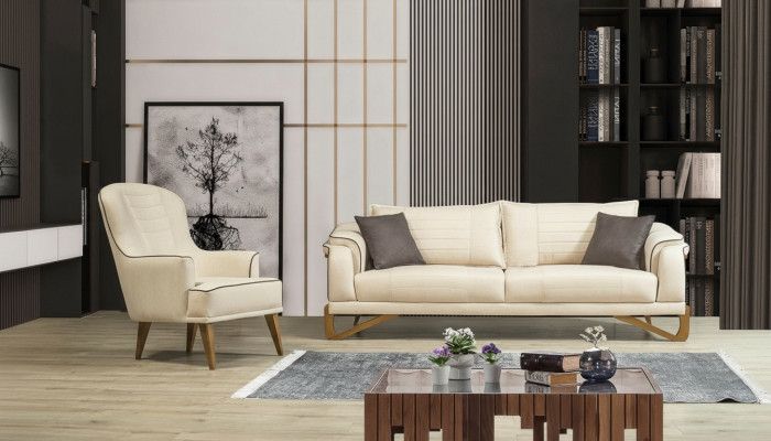 Sofagarnitur Set Beige mit Holzgestell 3+1 Sitzer Couchen Garnituren Möbel
